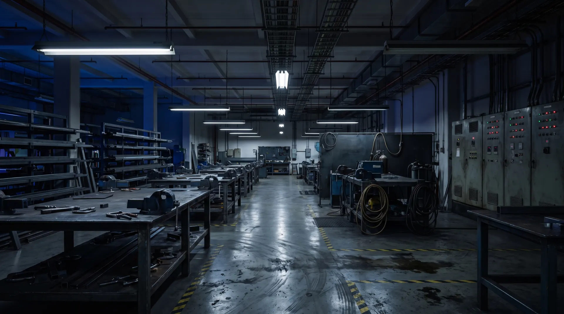 Inside the fabrication floor at night, workbenches down a central aisle