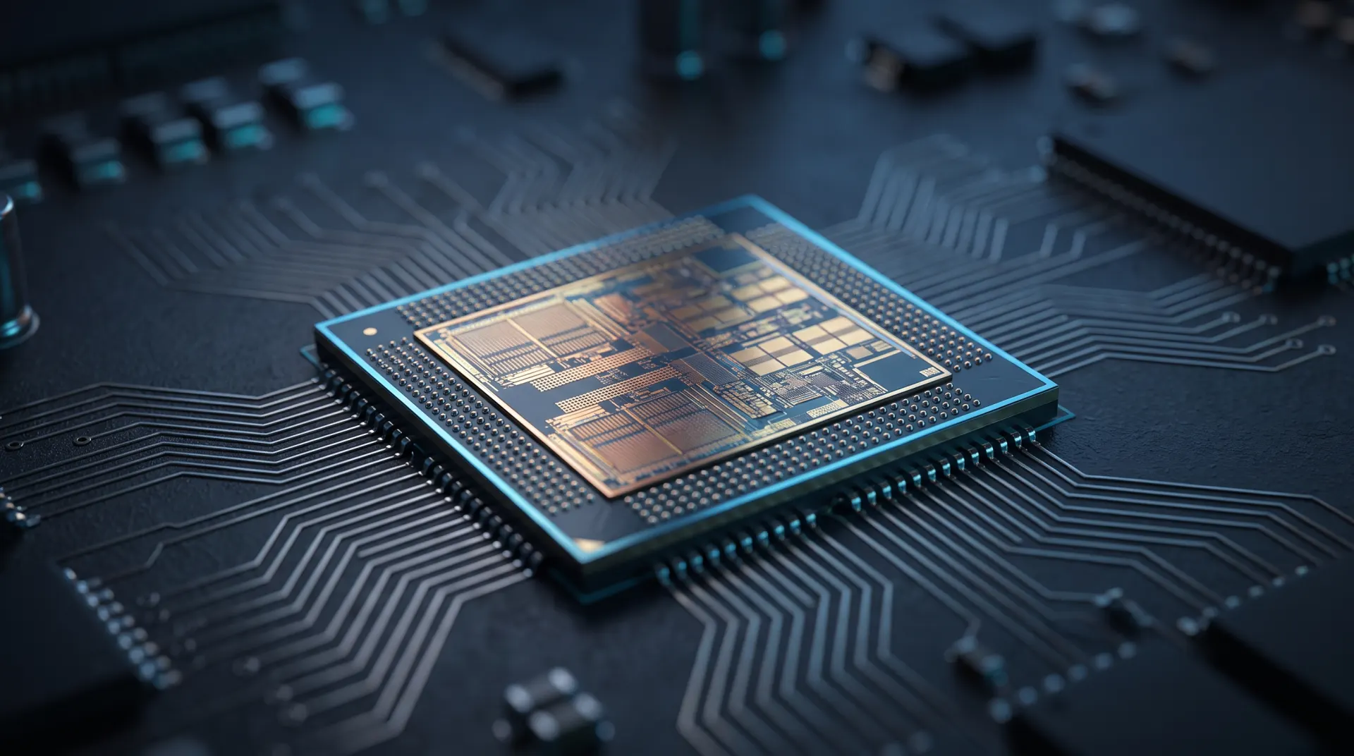 Macro shot of a processor die on a dark circuit board